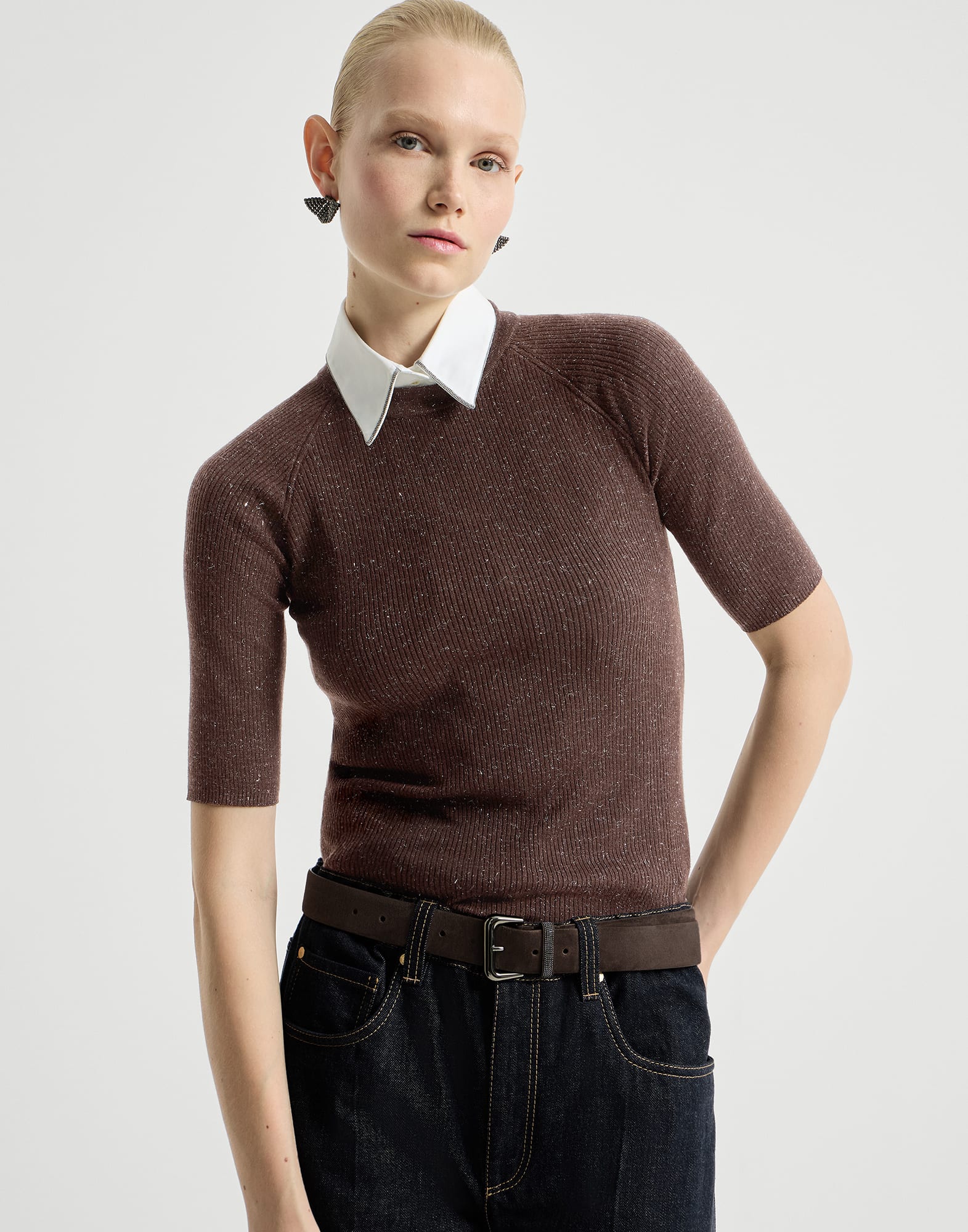 Sparkling cashmere lightweight rib knit sweater