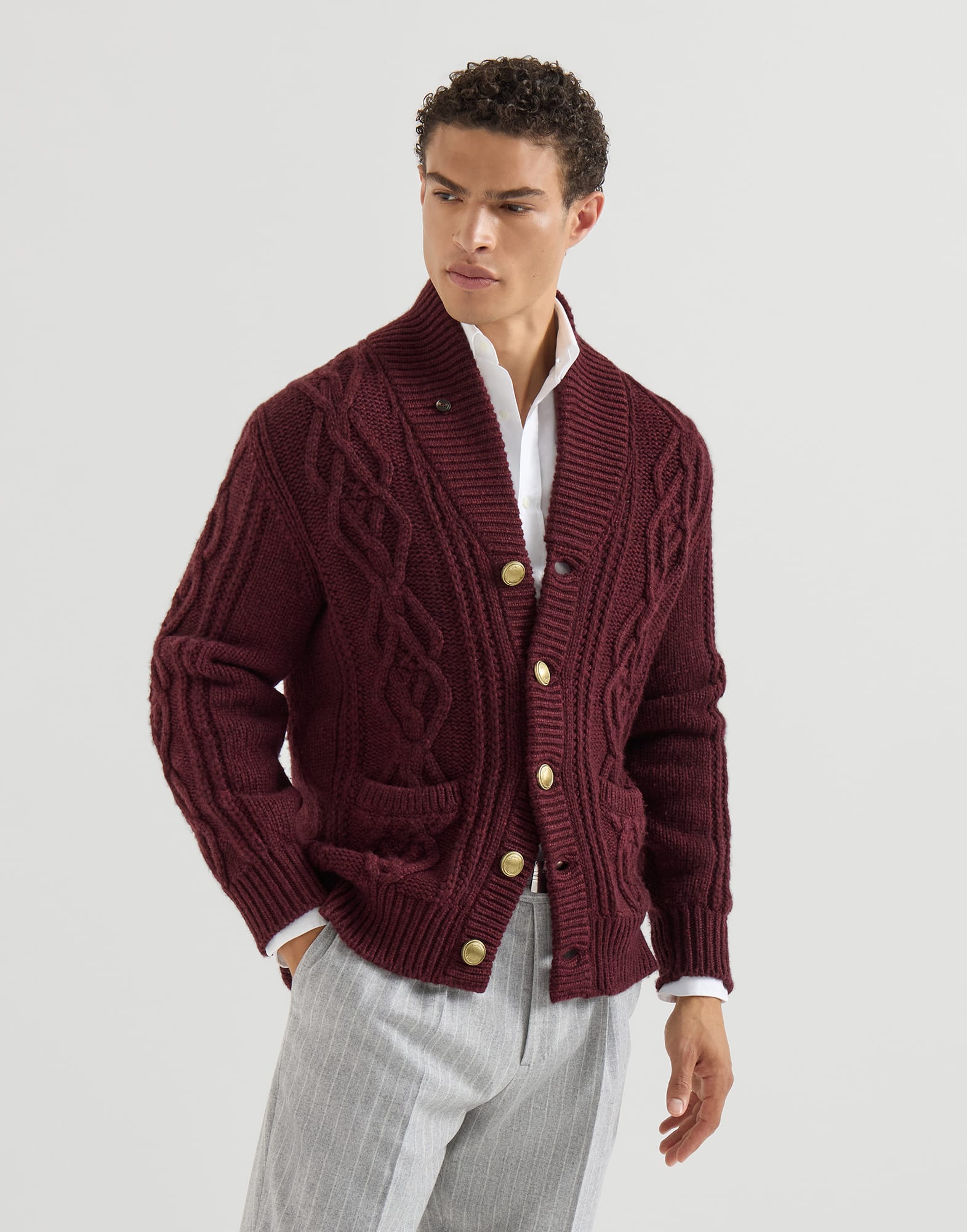 Cashmere Feather yarn cable knit cardigan with metal buttons