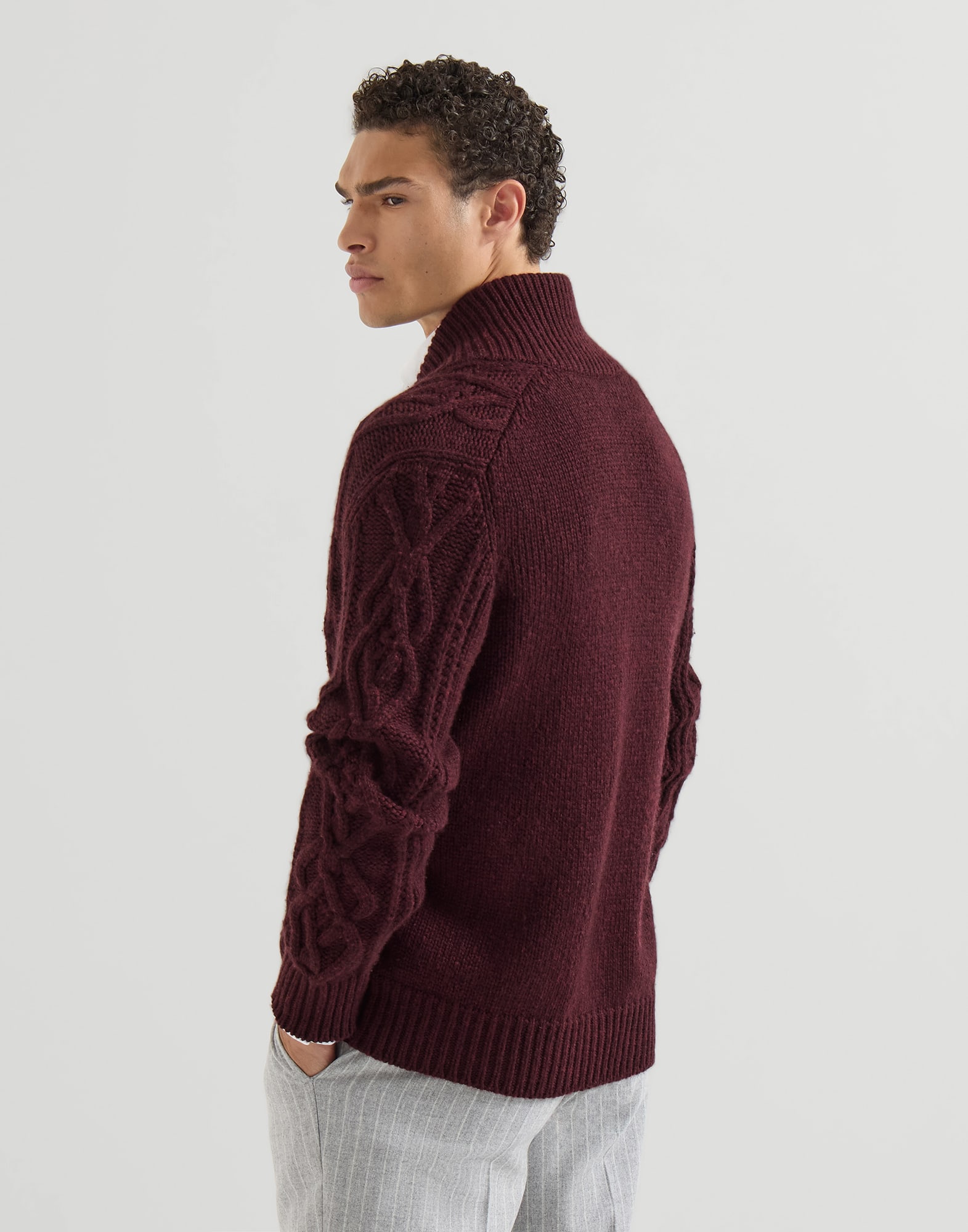 Cashmere Feather yarn cable knit cardigan with metal buttons