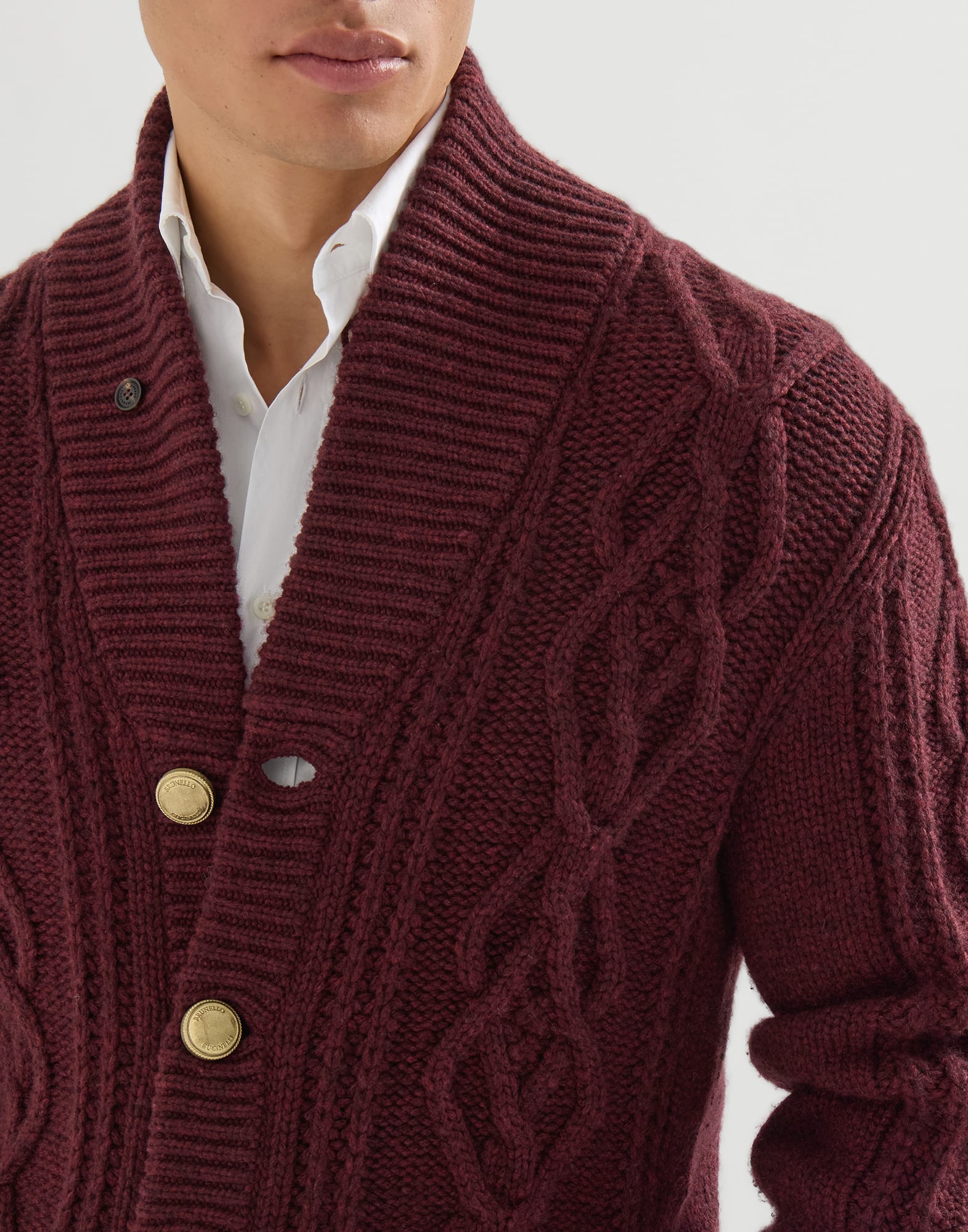 Cashmere Feather yarn cable knit cardigan with metal buttons
