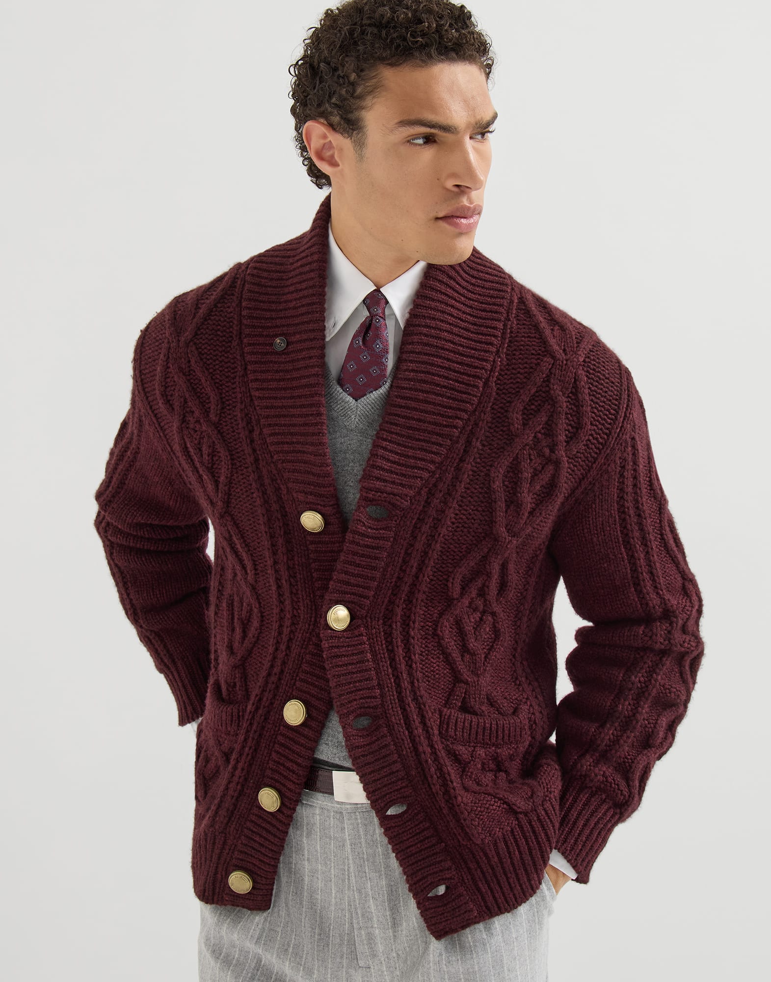 Cashmere Feather yarn cable knit cardigan with metal buttons