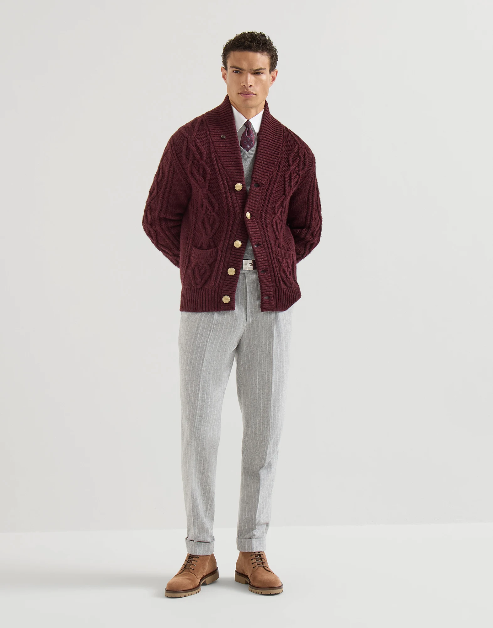 Cashmere Feather yarn cable knit cardigan with metal buttons