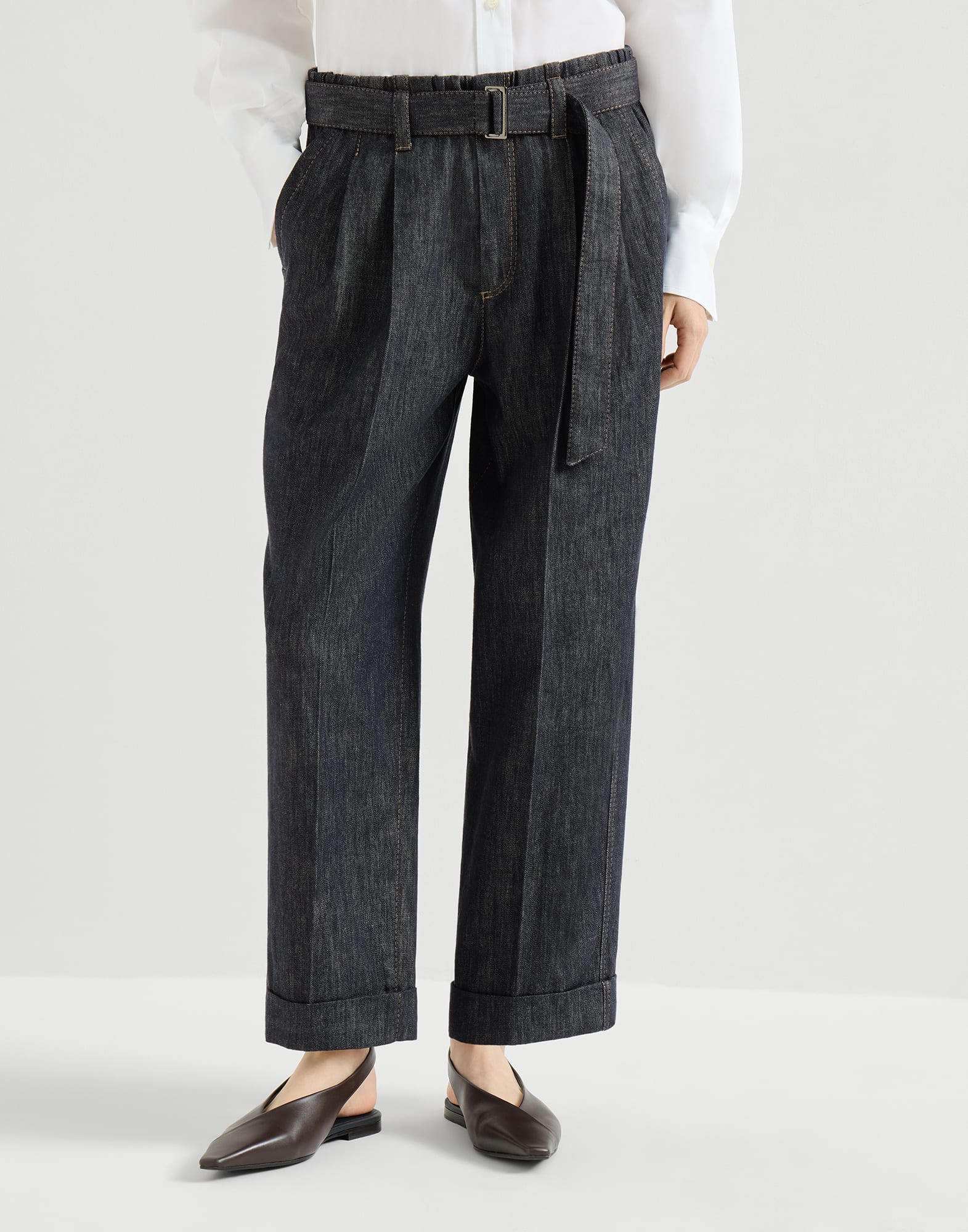 Cotton denim-effect twill loose sartorial trousers with monili