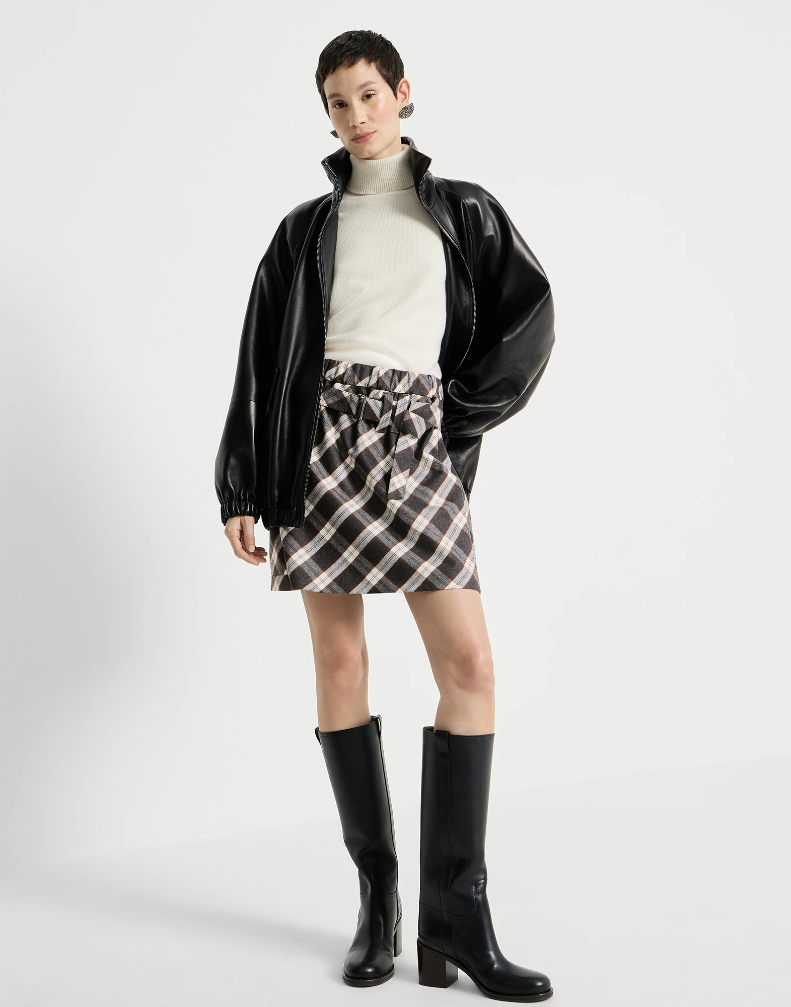 Virgin wool Prince of Wales flannel utility mini skirt