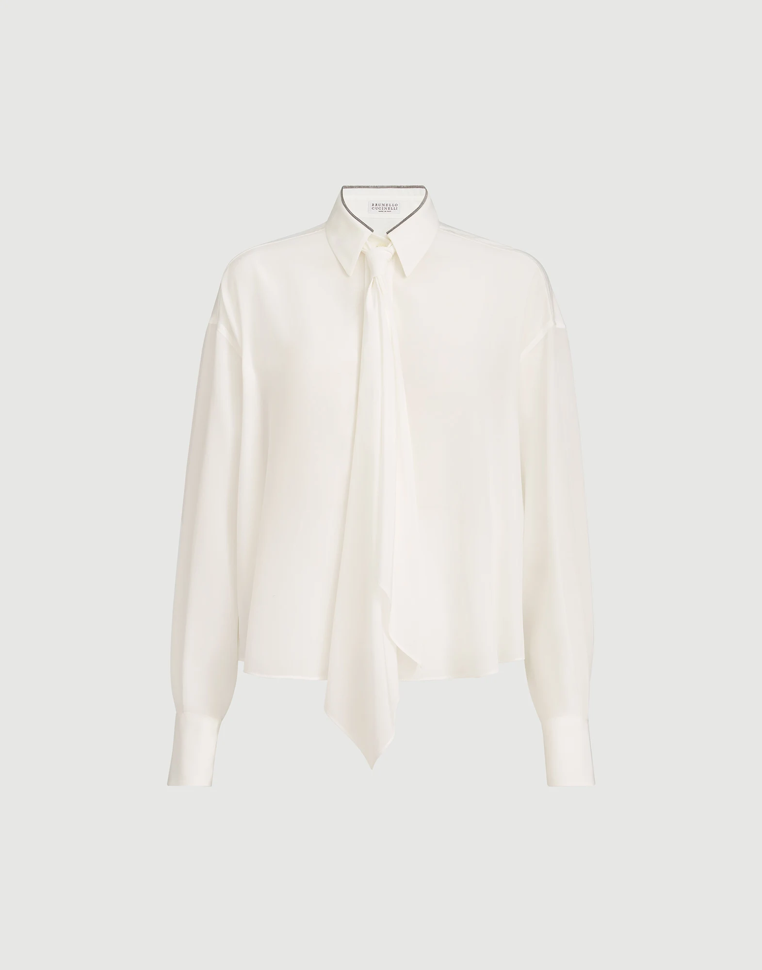 Camisa en crepé de China de seda con corbata y cuello brillante