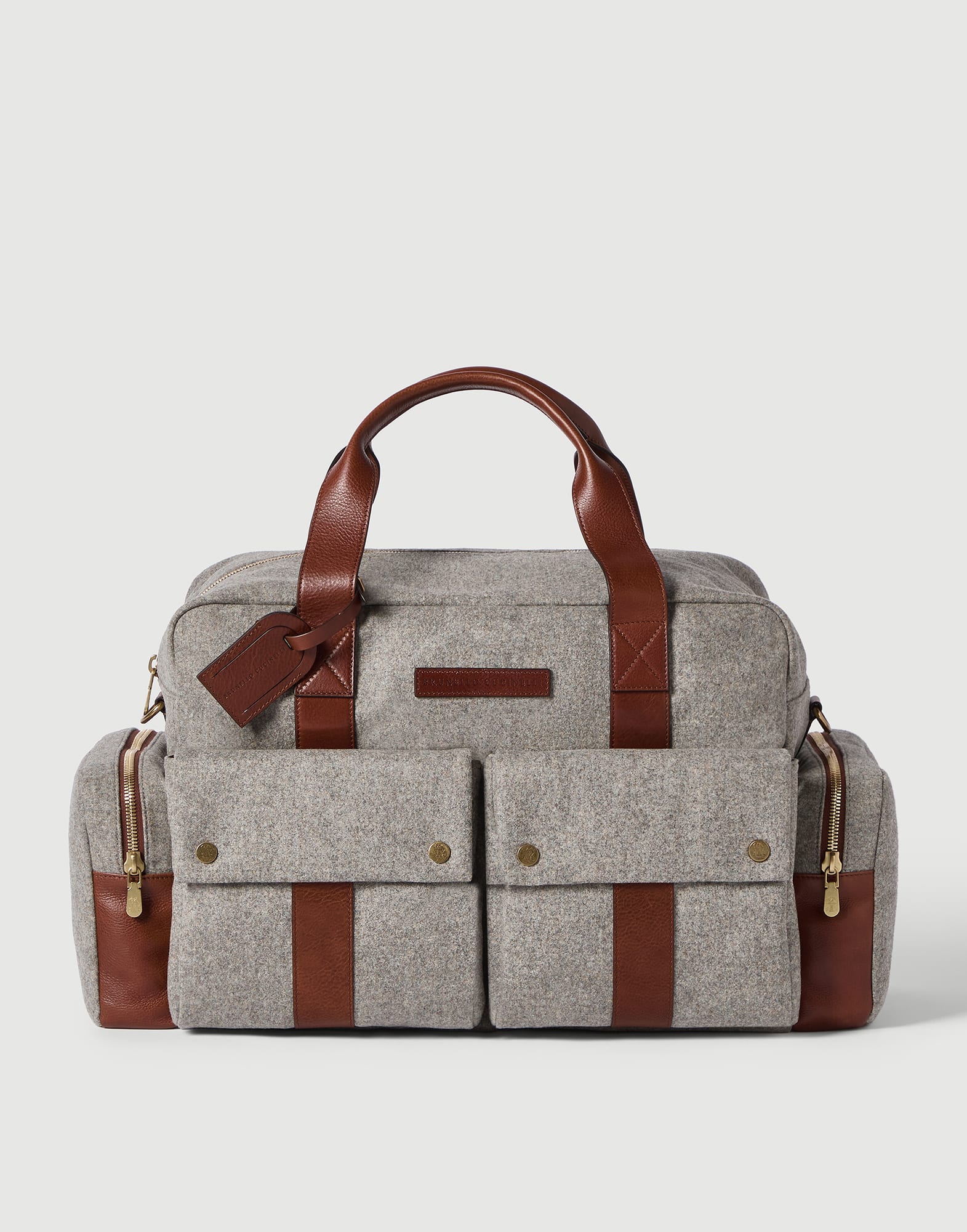 Virgin wool, alpaca and cashmere flannel leisure bag with grained calfskin inserts