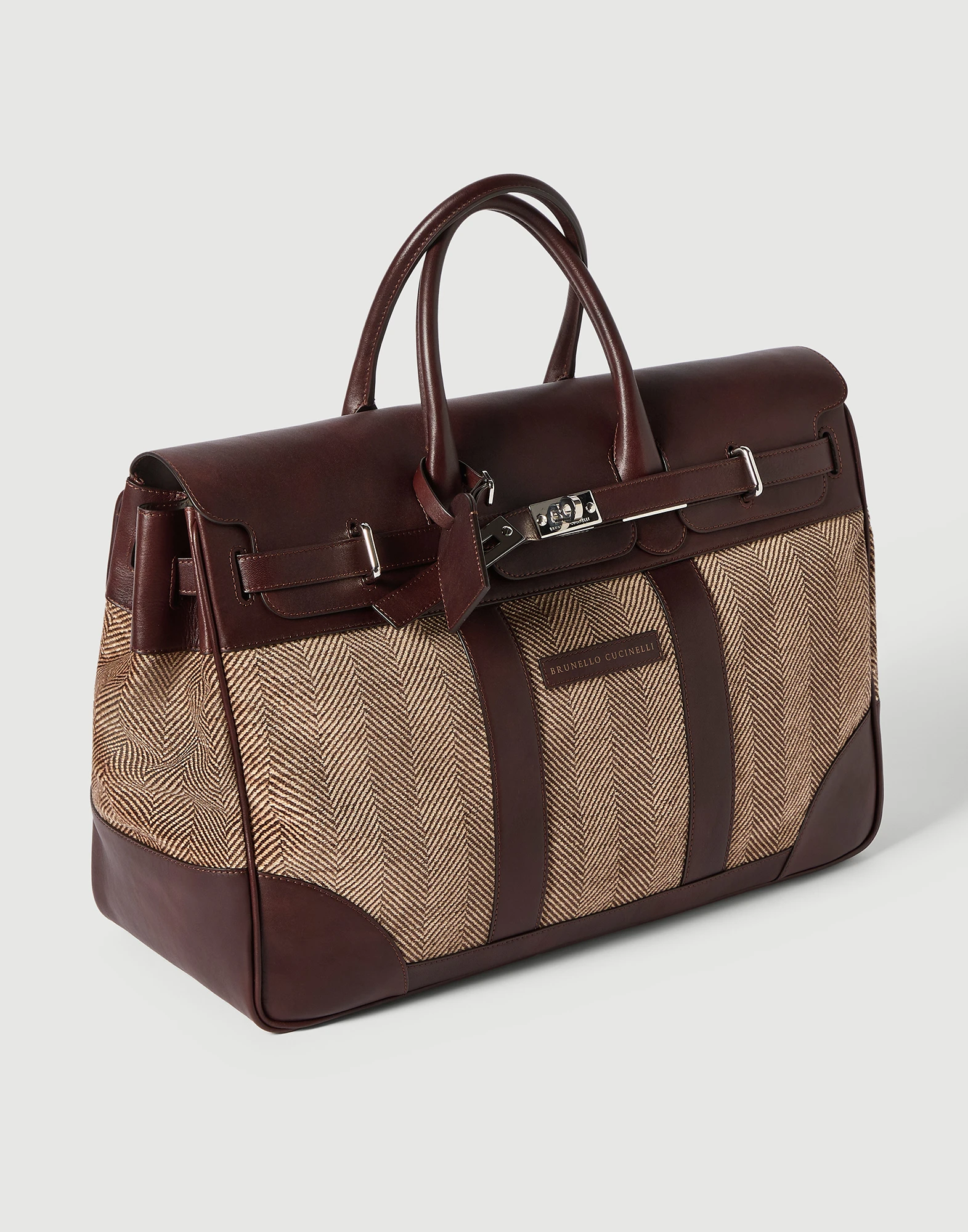 Burnished calfskin and chevron-effect techno fabric country bag
