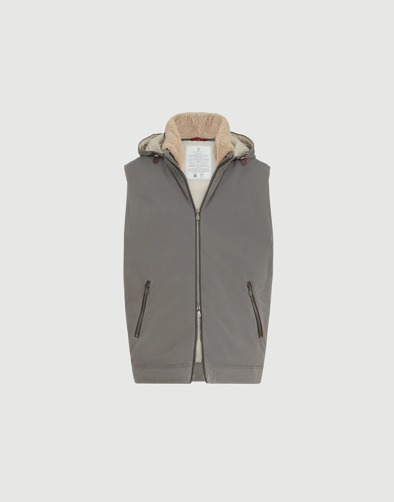 Waxed techno cotton down vest with detachable hood
