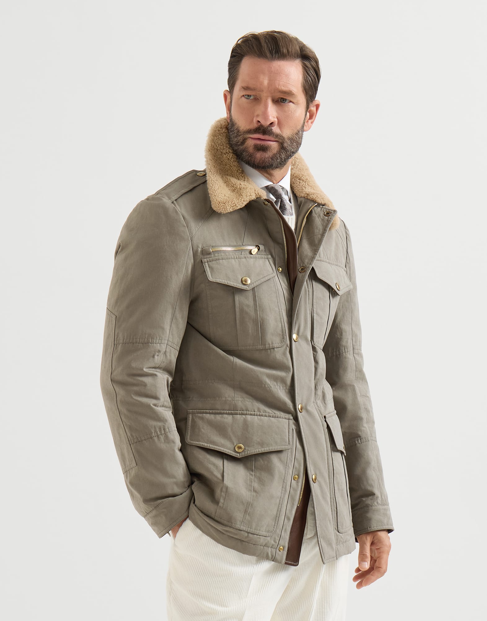 Waxed techno cotton safari jacket with Thermore® padding, nappa leather inserts and shearling collar