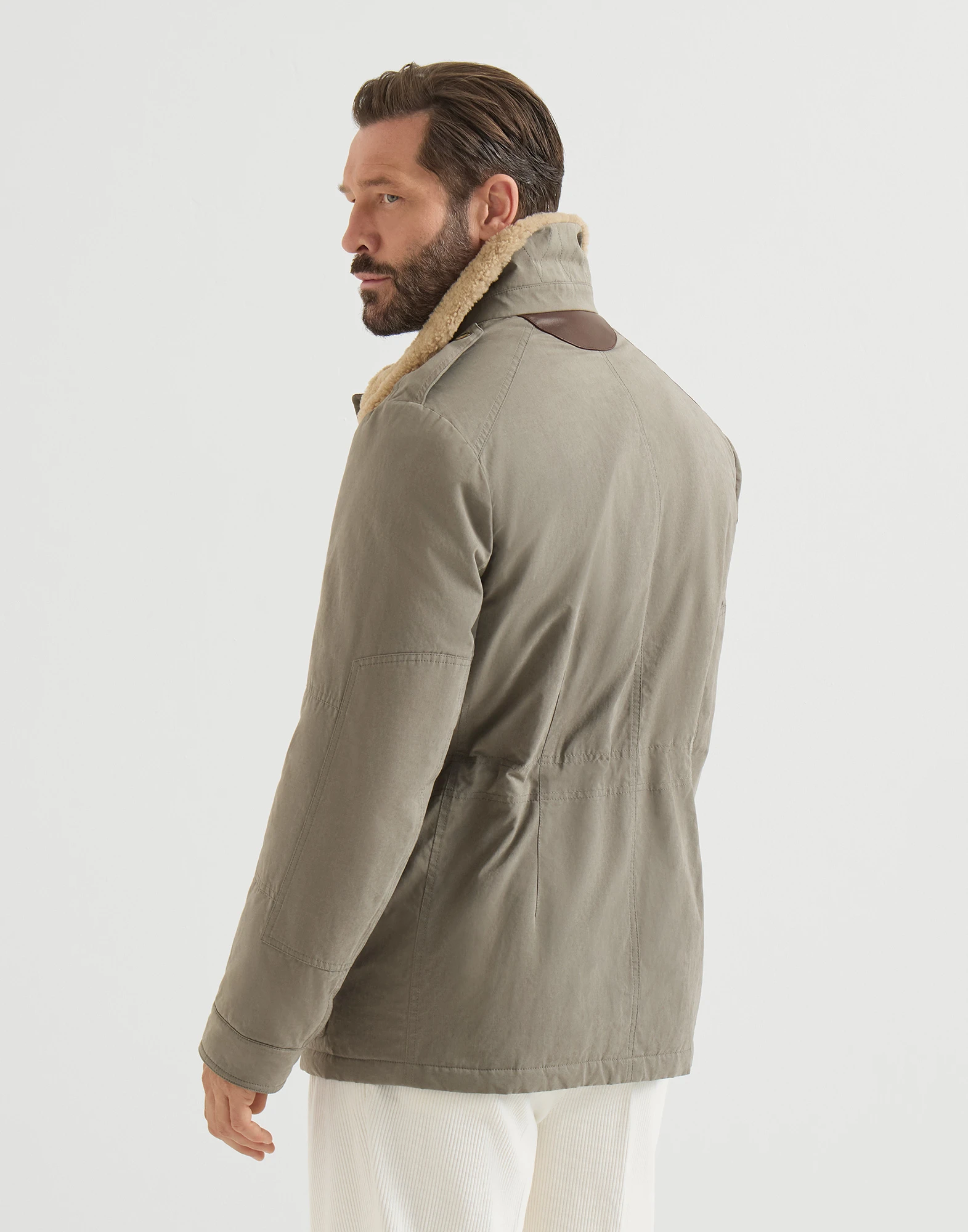Waxed techno cotton safari jacket with Thermore® padding, nappa leather inserts and shearling collar