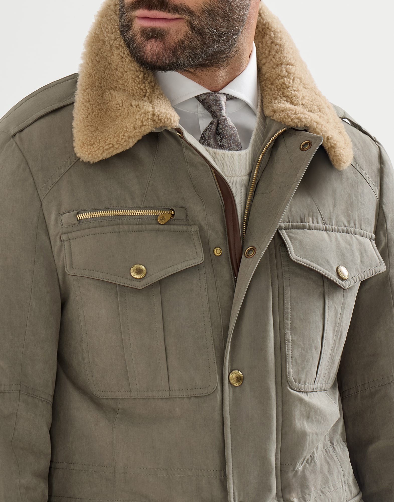 Waxed techno cotton safari jacket with Thermore® padding, nappa leather inserts and shearling collar