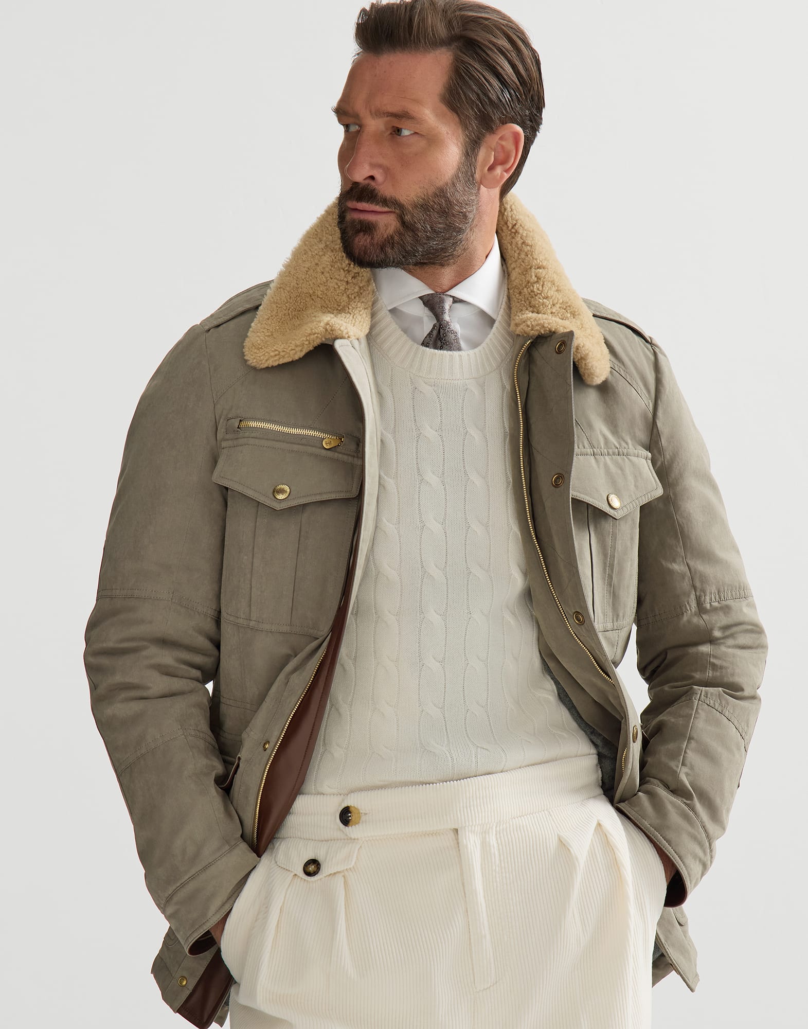 Waxed techno cotton safari jacket with Thermore® padding, nappa leather inserts and shearling collar