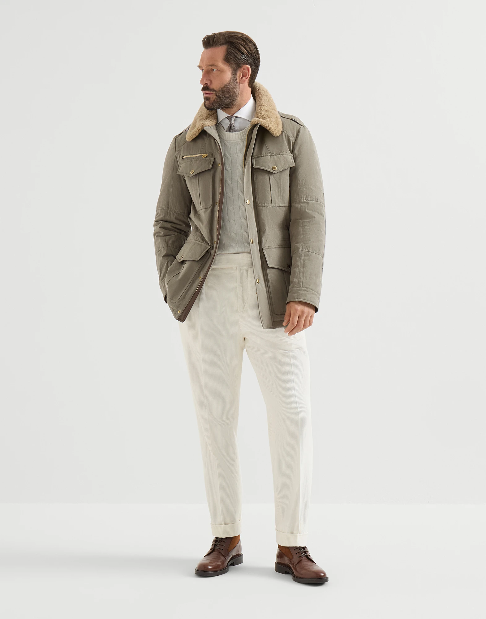 Waxed techno cotton safari jacket with Thermore® padding, nappa leather inserts and shearling collar