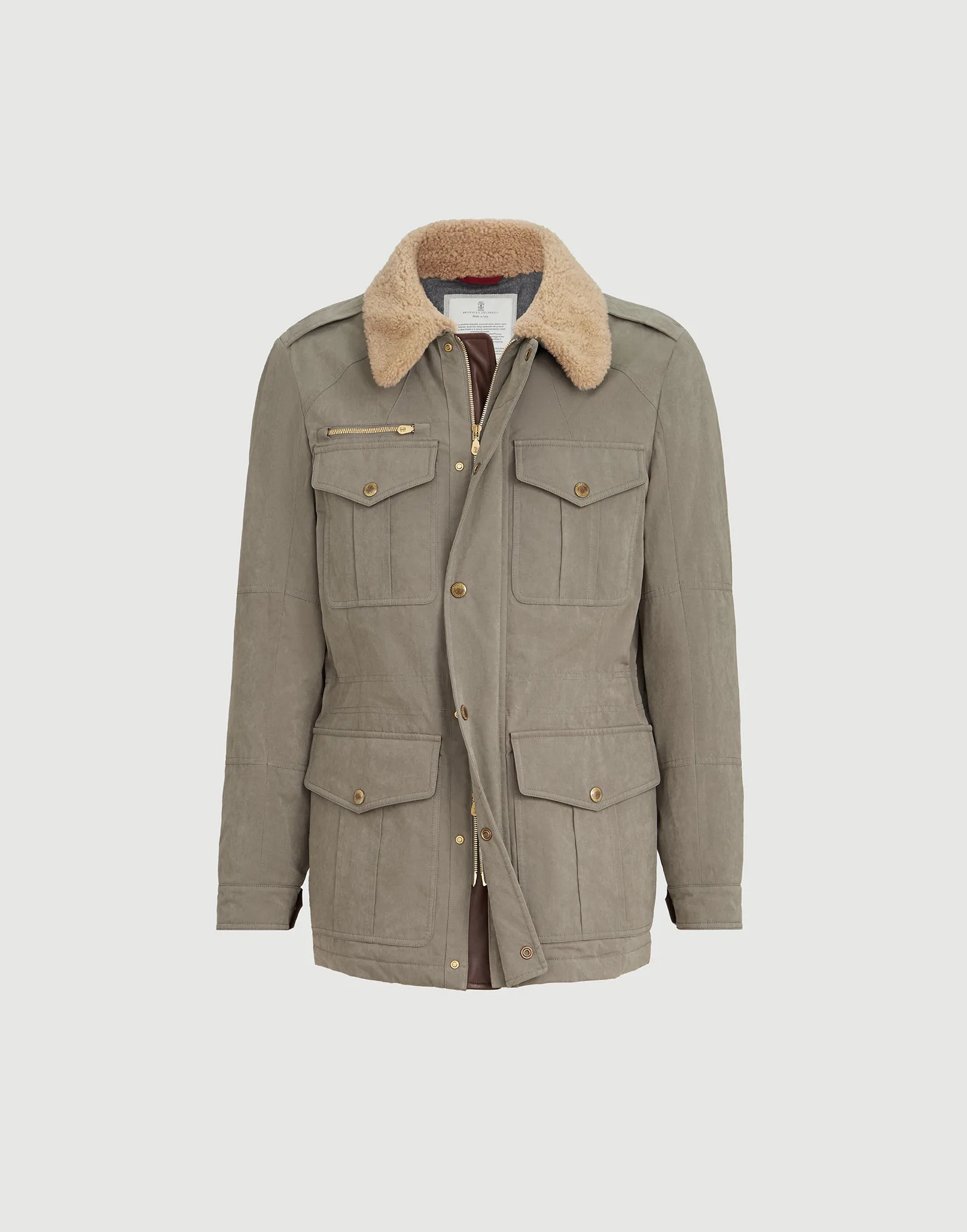 Waxed techno cotton safari jacket with Thermore® padding, nappa leather inserts and shearling collar
