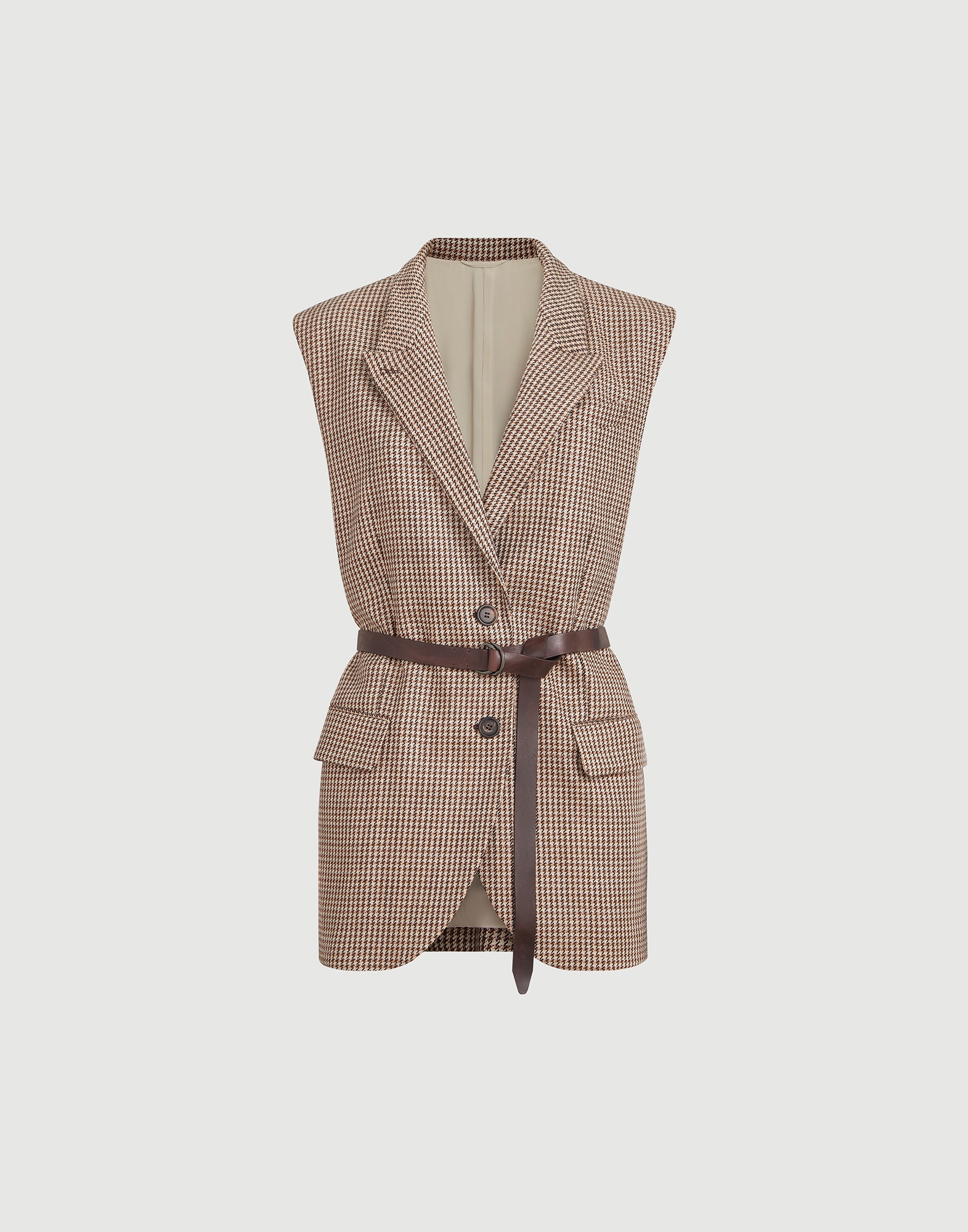 Sparkling virgin wool houndstooth vest with leather inserts, belt and monili