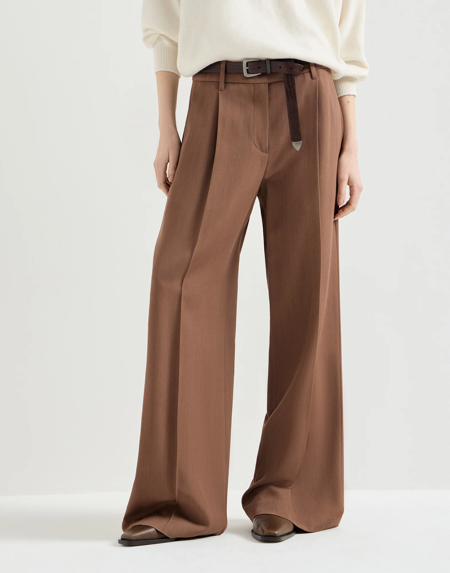 Pantalón Loose Pleated en tricotina de lana virgen y viscosa con Monile