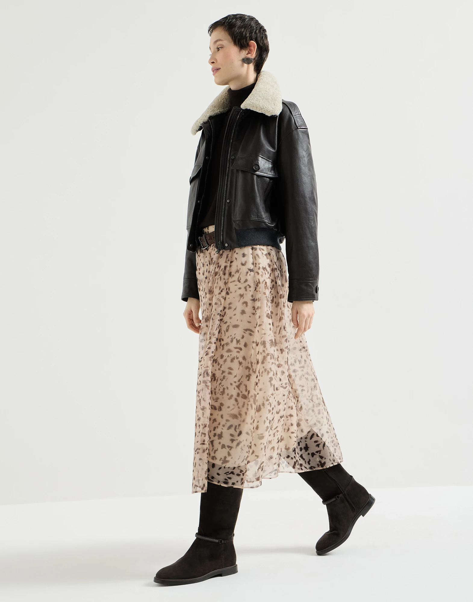 Falda Pleated en organza Lynx Print de seda