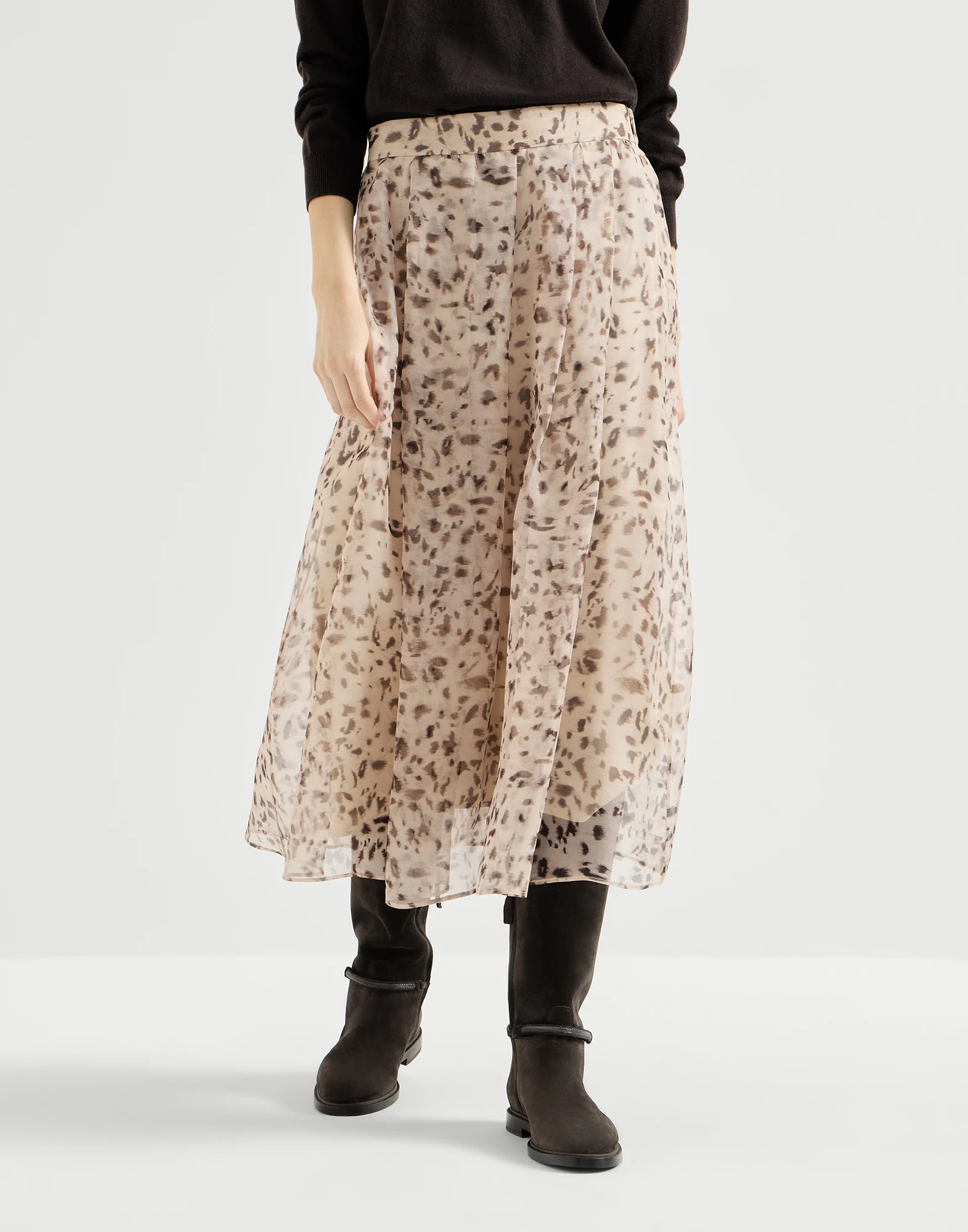 Lynx print silk organza pleated skirt