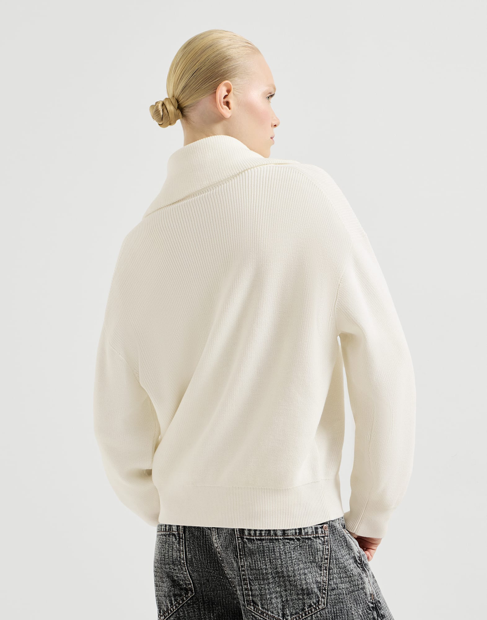 Cotton English rib sweater with shiny zipper pull