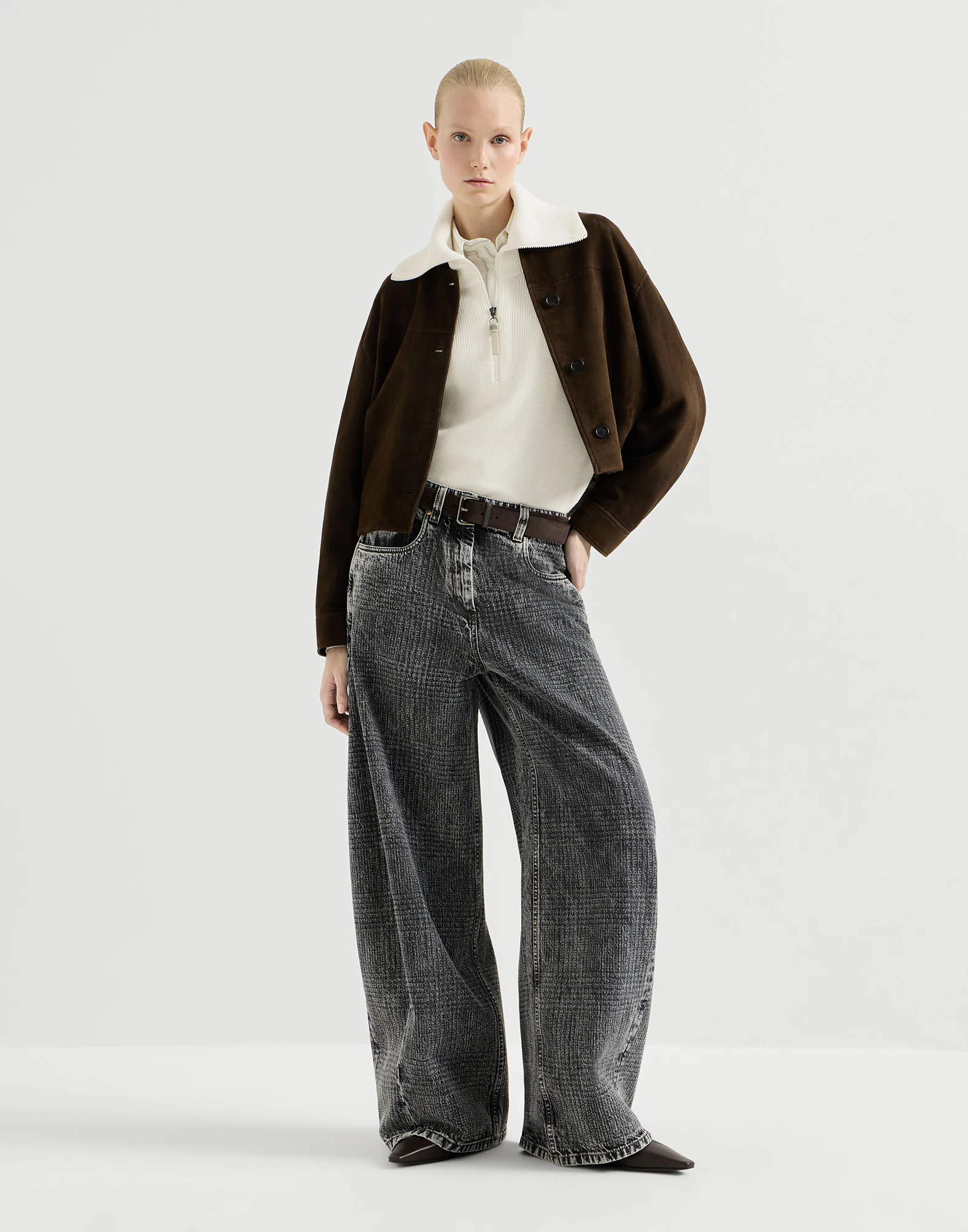 Cotton English rib sweater with shiny zipper pull