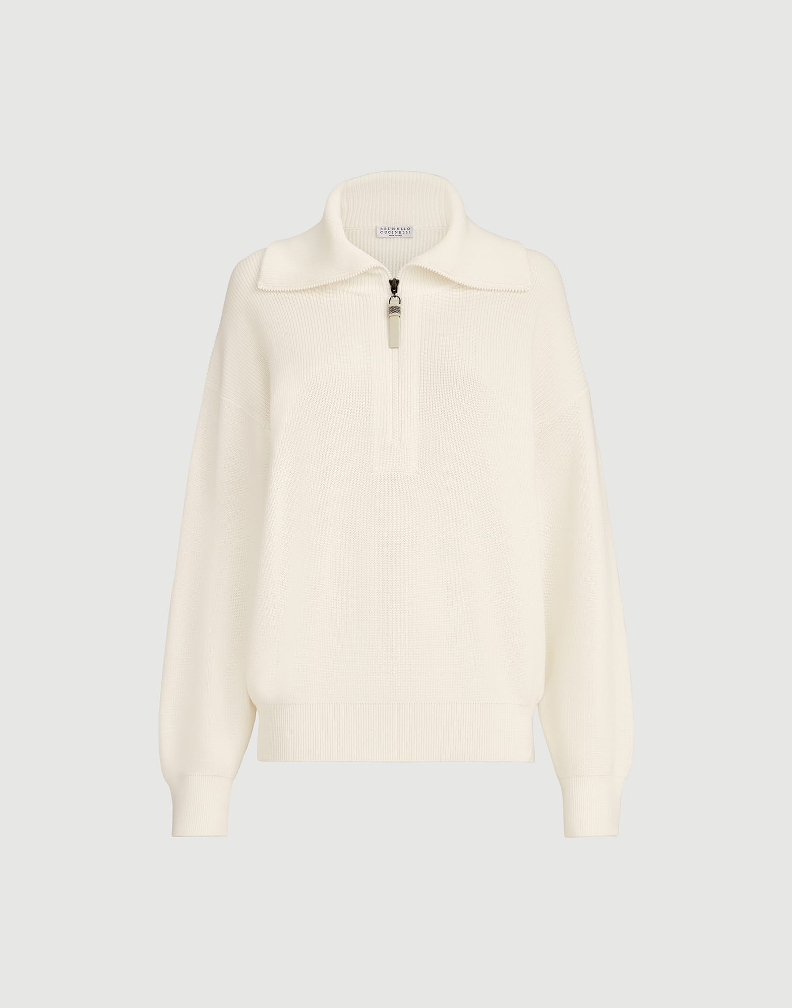 Cotton English rib sweater with shiny zipper pull