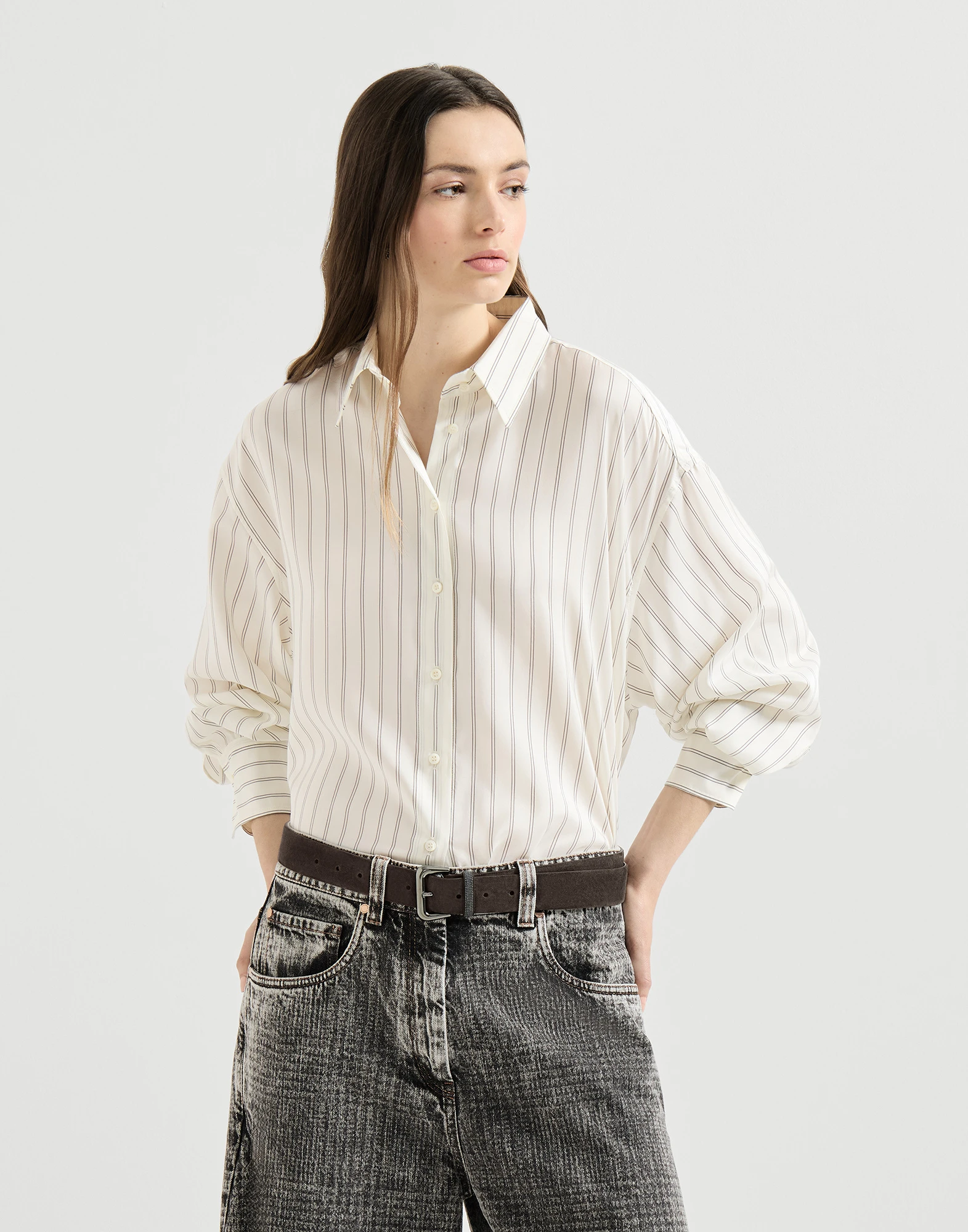 Camisa de popelina a rayas de seda con Monile