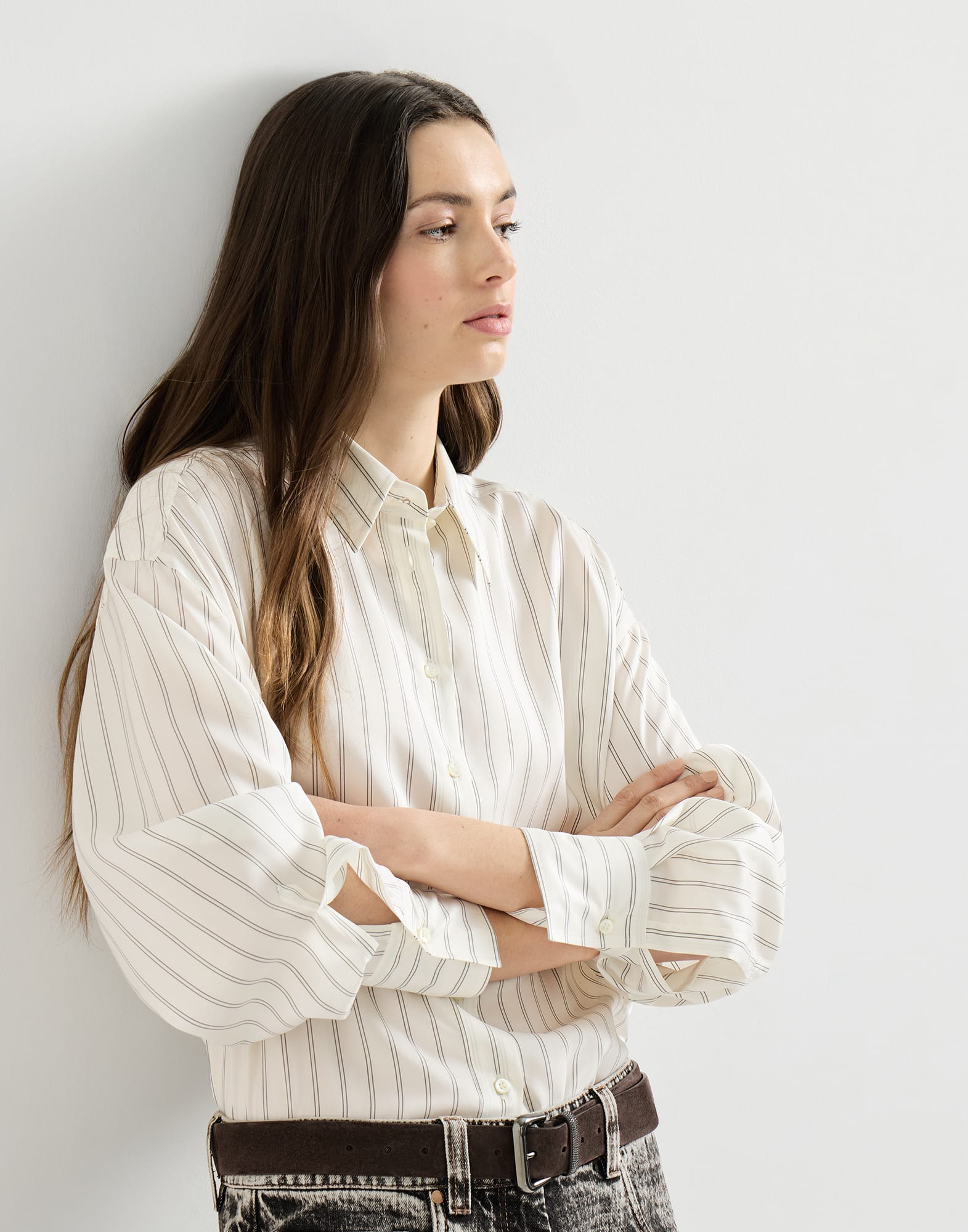 Camisa de popelina a rayas de seda con Monile