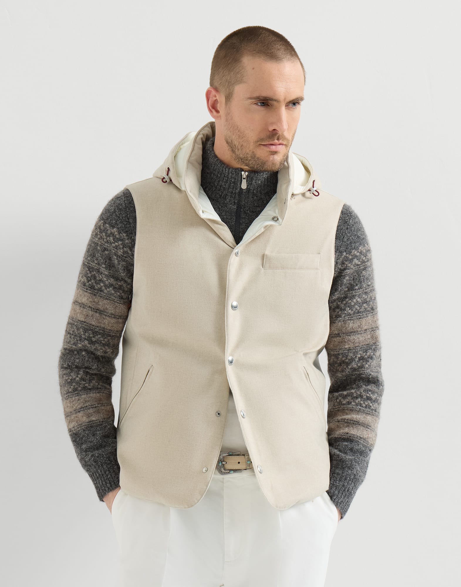 Bonded wool flannel down vest with detachable hood