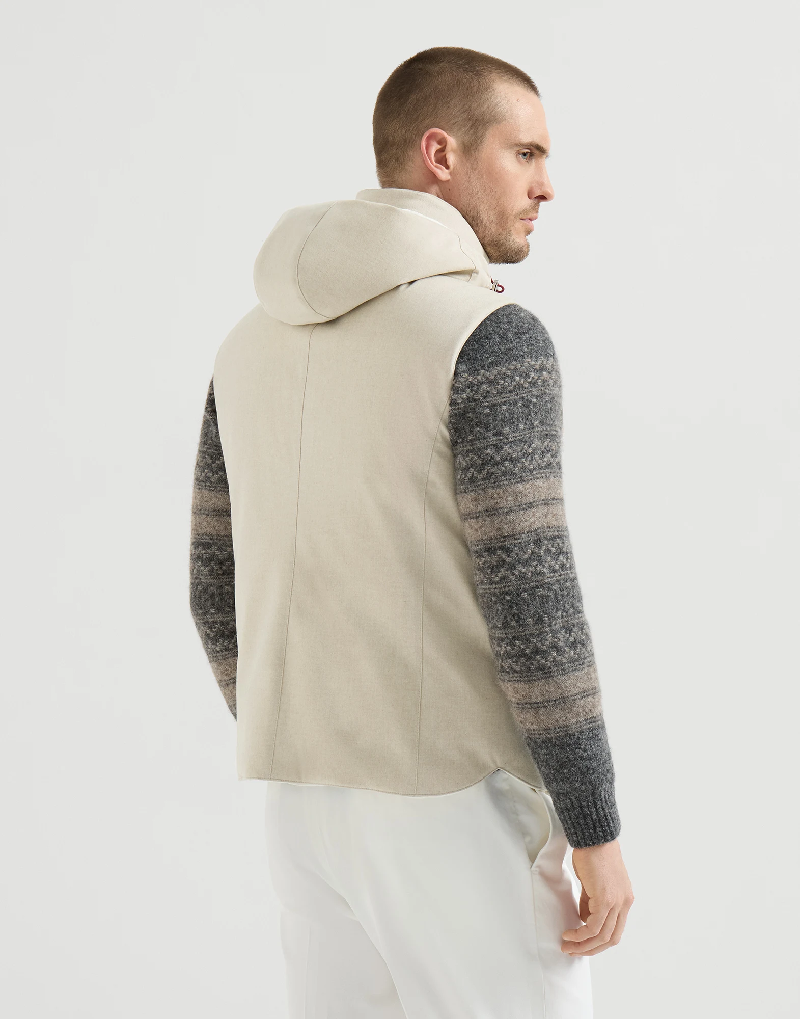 Bonded wool flannel down vest with detachable hood