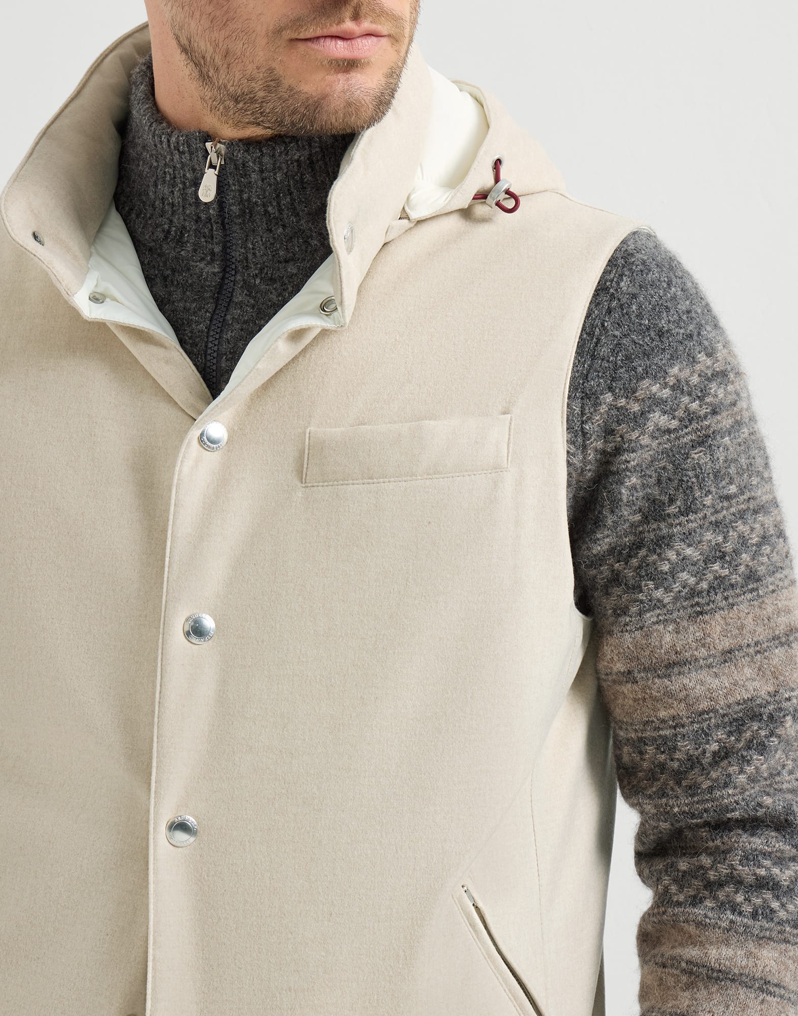 Bonded wool flannel down vest with detachable hood