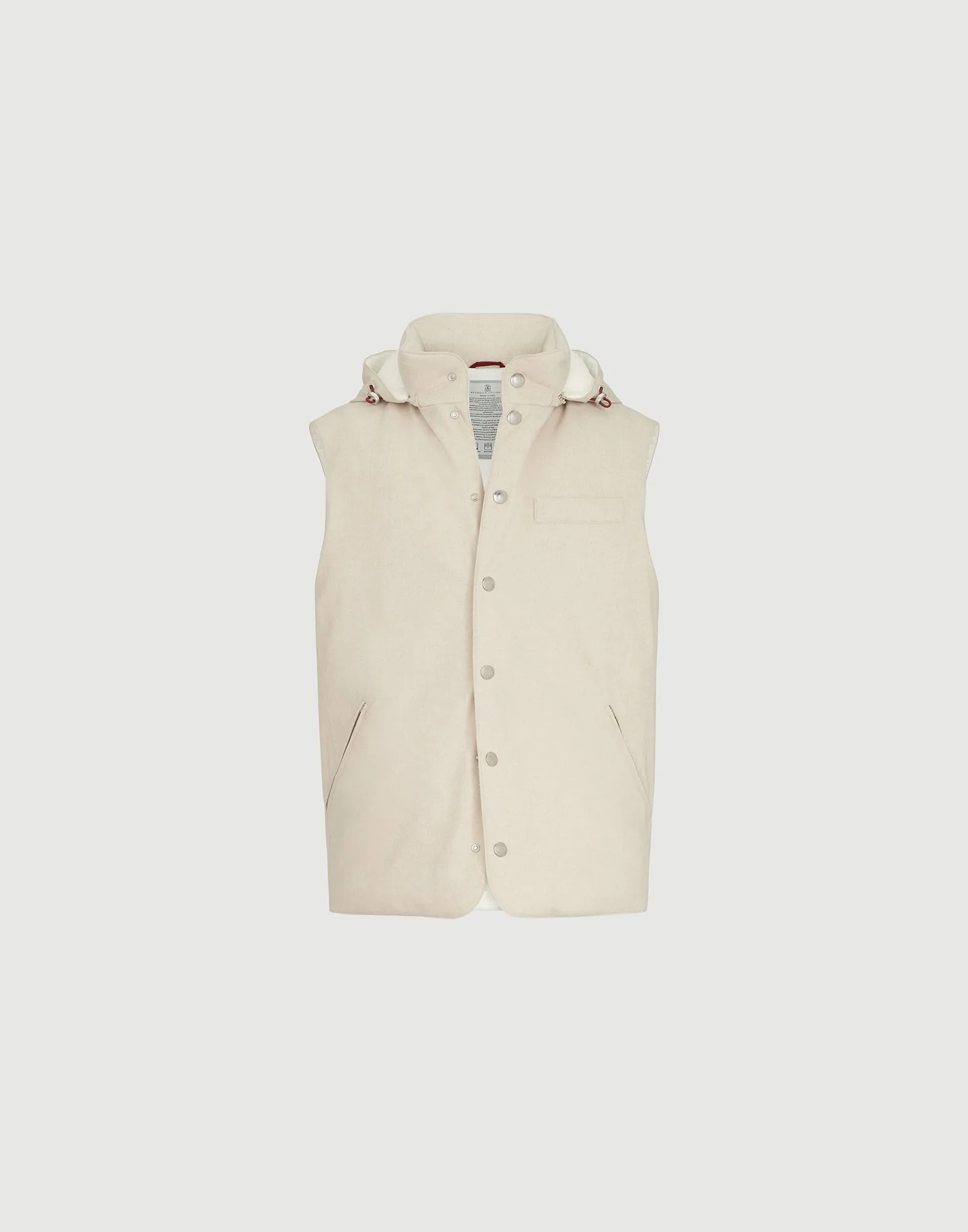 Bonded wool flannel down vest with detachable hood