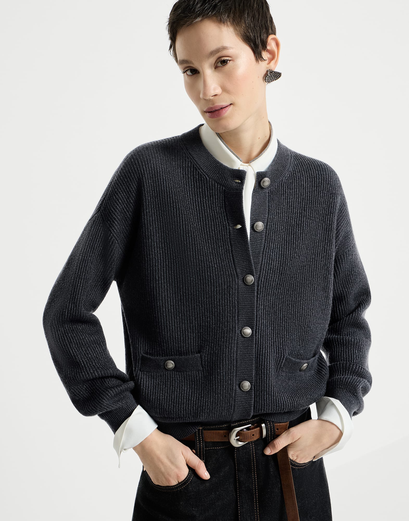 Sparkling cashmere English rib cardigan