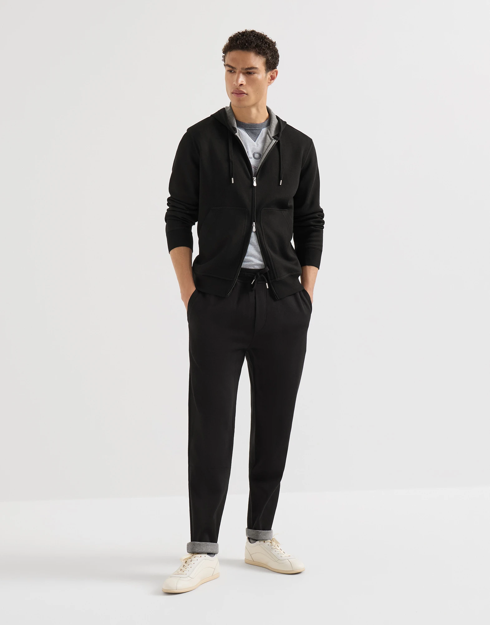 Cotton, cashmere and silk French terry double cloth trousers