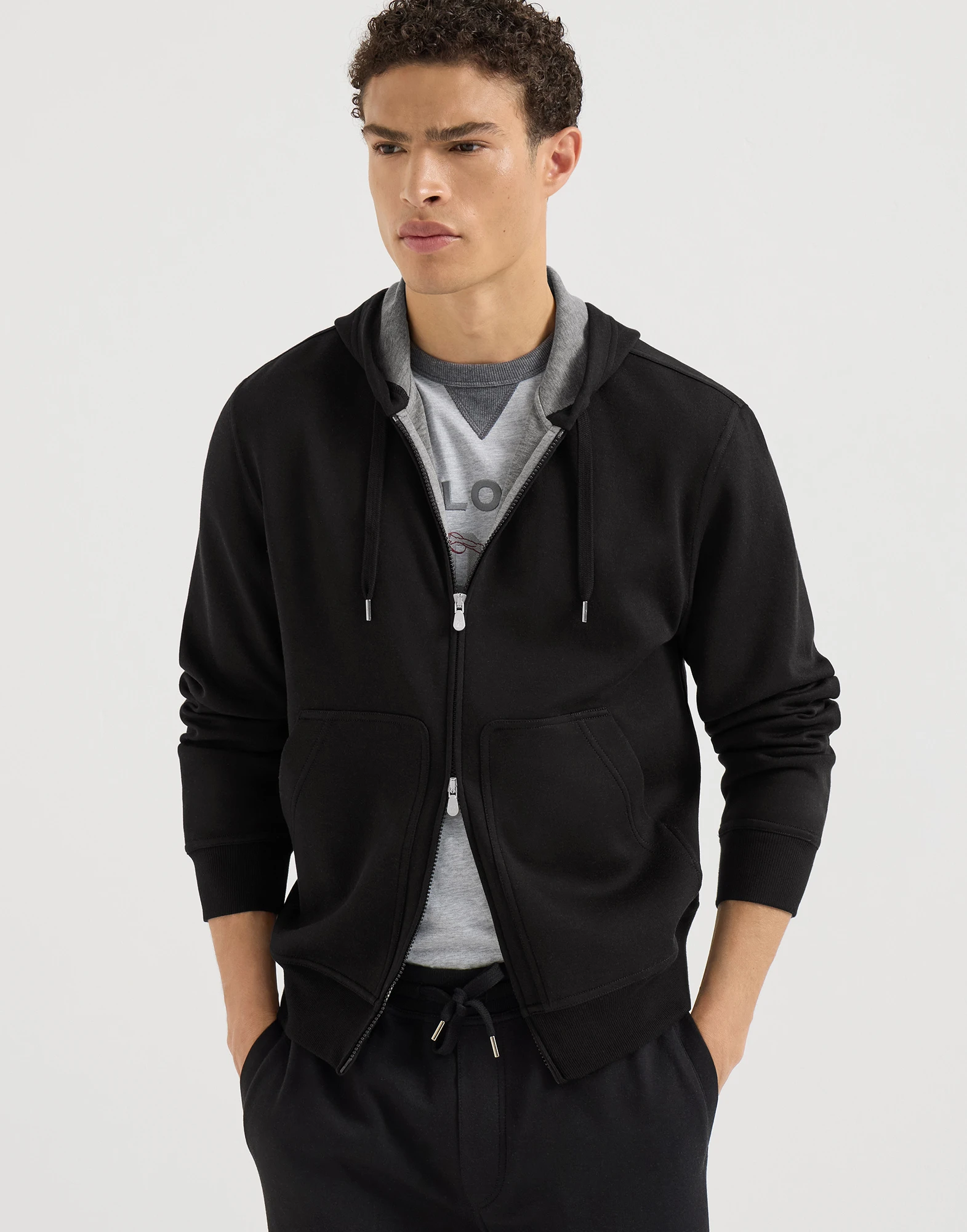 Cotton, cashmere and silk French terry double cloth hooded sweatshirt with zipper