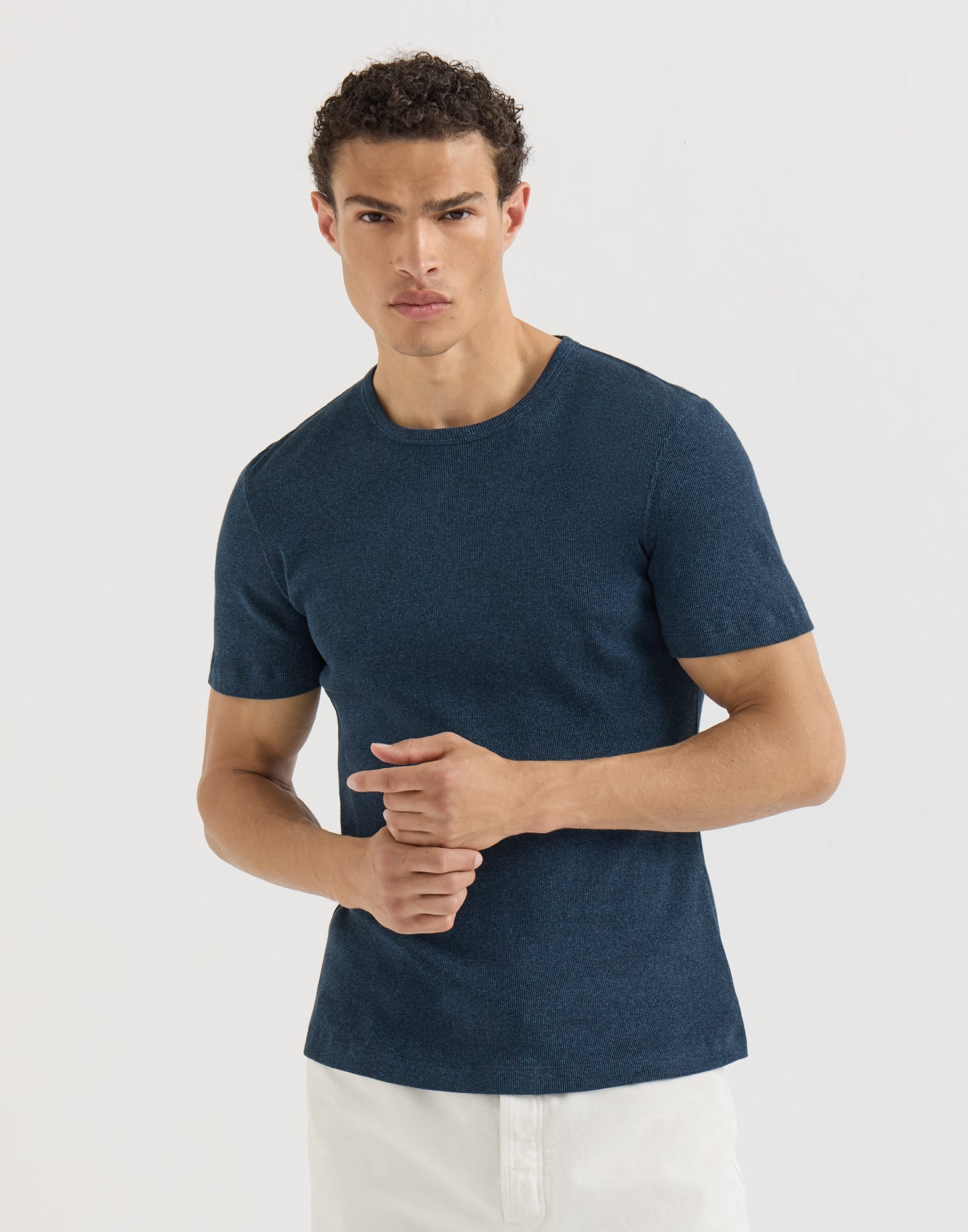 Denim-effect ribbed cotton jersey crew neck T-shirt