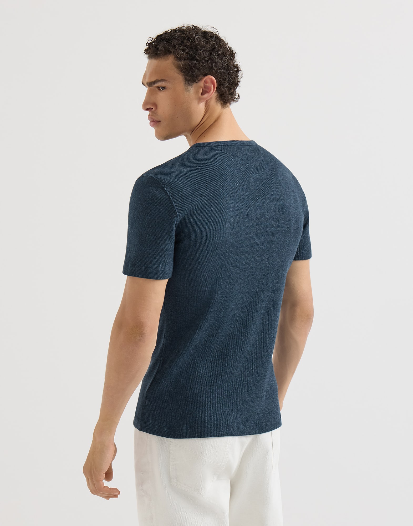 Denim-effect ribbed cotton jersey crew neck T-shirt