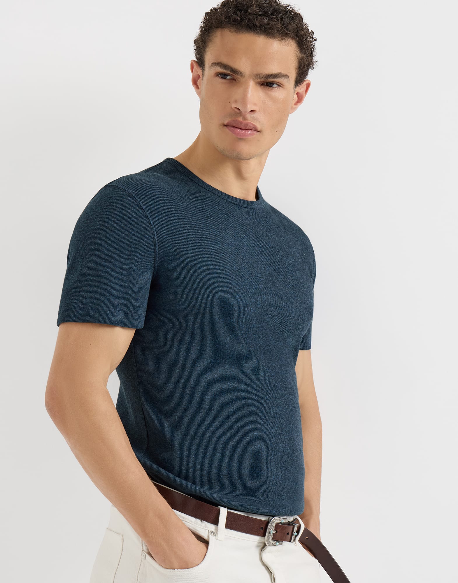 Denim-effect ribbed cotton jersey crew neck T-shirt
